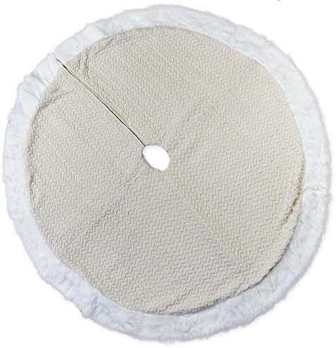 56 inch Off White Cable Knit Plush Fabric Christmas Tree Skirt with Fur Trim