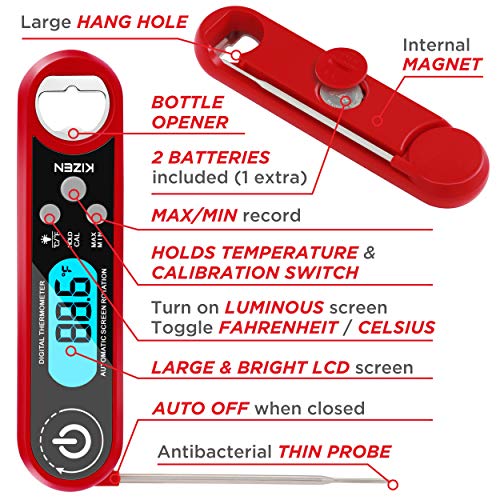 Kizen IP100 Instant Read Meat Thermometer - Waterproof Ambidextrous Thermometer with Backlight & Calibration. Digital Food Thermometer for Kitchen, Outdoor Cooking, BBQ, and Grill! (Red) - Thumbnail 2