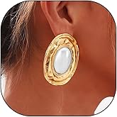 Vintage Pearl Earrings for Women Exaggerated Gold Chunky Oval Pearl Drop Earrings Geometric Textured Circle Statement Earrings Trendy Jewelry Gifts