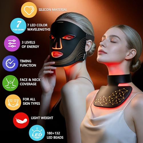LED Face & Neck Mask, 7 Colours Red Light Therapy with Smart Timer - Firming, Face Care for All Skin Types, Black