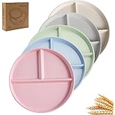 PUPOPIK 9" Unbreakable Divided Plates Set of 5, Wheat Straw Plate Reusable Dinnerware Portion Control Plates, Round Bariatric Plastic Plate for Kids Adults, BPA-free, Dishwasher Safe