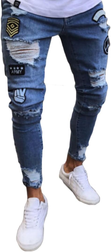 Men's Ripped Skinny Distressed Destroyed Straight Fit Zipper Jeans with Holes