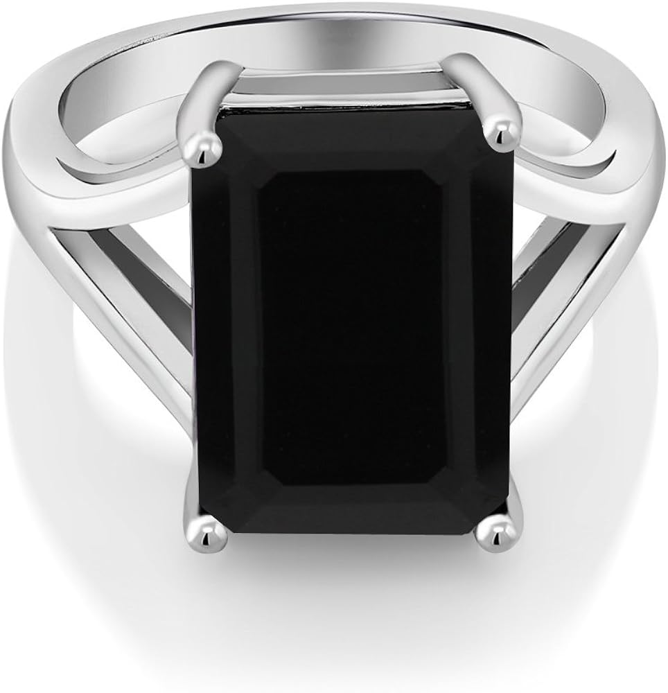 Gem Stone King 925 Sterling Silver Black Onyx Solitaire Ring 6.60 Ct Gemstone Birthstone, 14x10mm Emerald Cut (Available 5, 6, 7, 8, 9): Jewelry