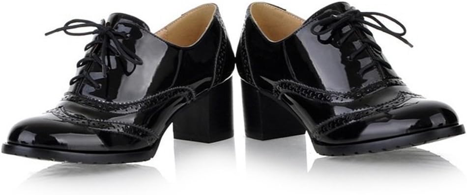 Inornever Women's Lace Up Wingtip Oxford Shoes Fashion Patent Leather Chunky Heel Ankle Brogue Bootie
