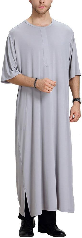 Zhuhaijq Mens Muslim Robe Short Sleeve Round Neck Saudi Style Dress Robe Kaftan Abaya Pakistan Costume