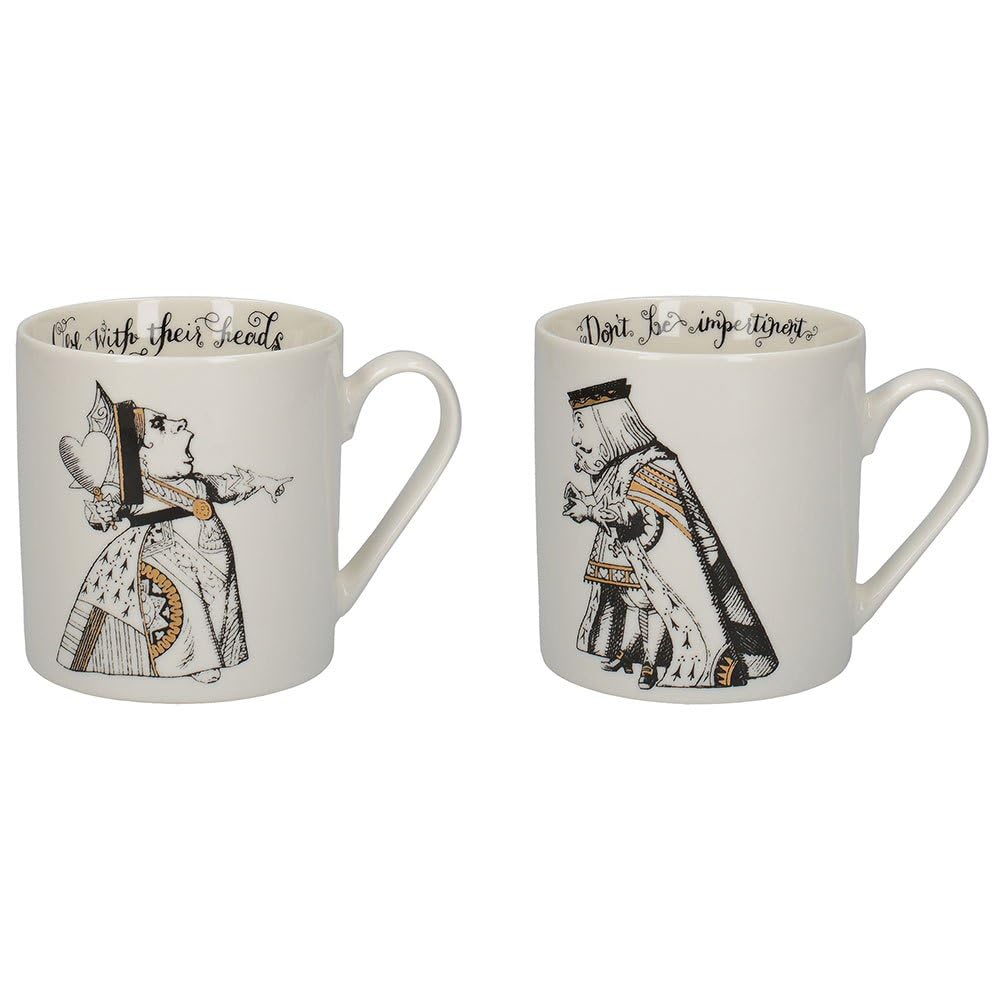 V&A Alice in Wonderland Mug Set in Gift Box, King and Queen of Hearts, Fine China, 350 ml - (Set of 2) , White Black Gold