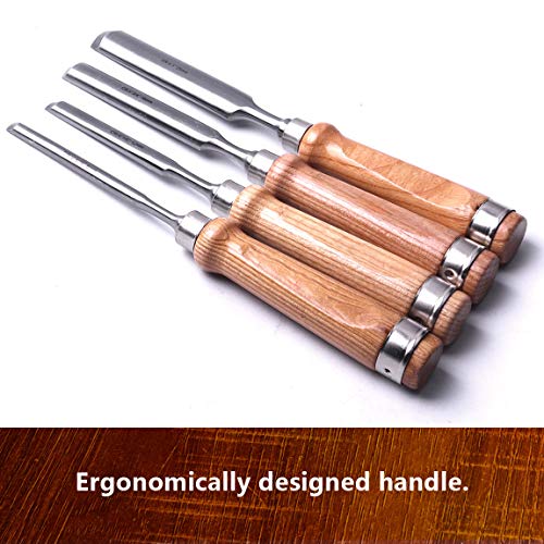 Atoplee 8mm(5/16")/12mm(1/2")/18mm(3/4")/25mm(1") Wood Carving Gouge Chrome Vanadium Steel Semi-Circular Carpenter Woodworking Chisel (Full Size-4PCS)