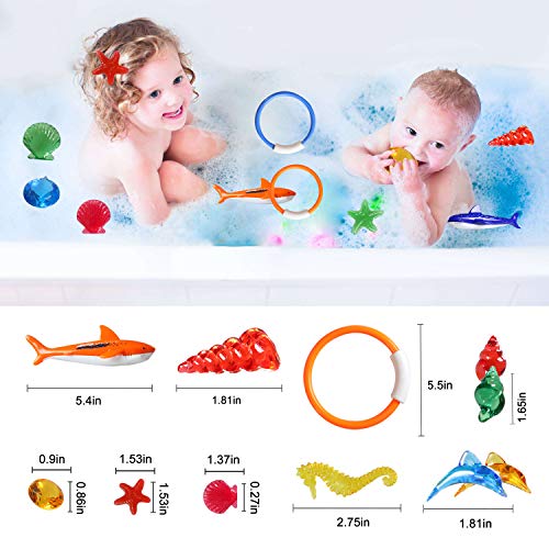 Blasoul 23 Pack Diving Pool Toys Underwater Swimming/Diving Pool Toy Rings for Kids Includes 4 Diving Rings,5 Shark Pool Toy,14 Shining Underwater Dive Gem Pool Toy Set Non-Toxic Safe for Kids