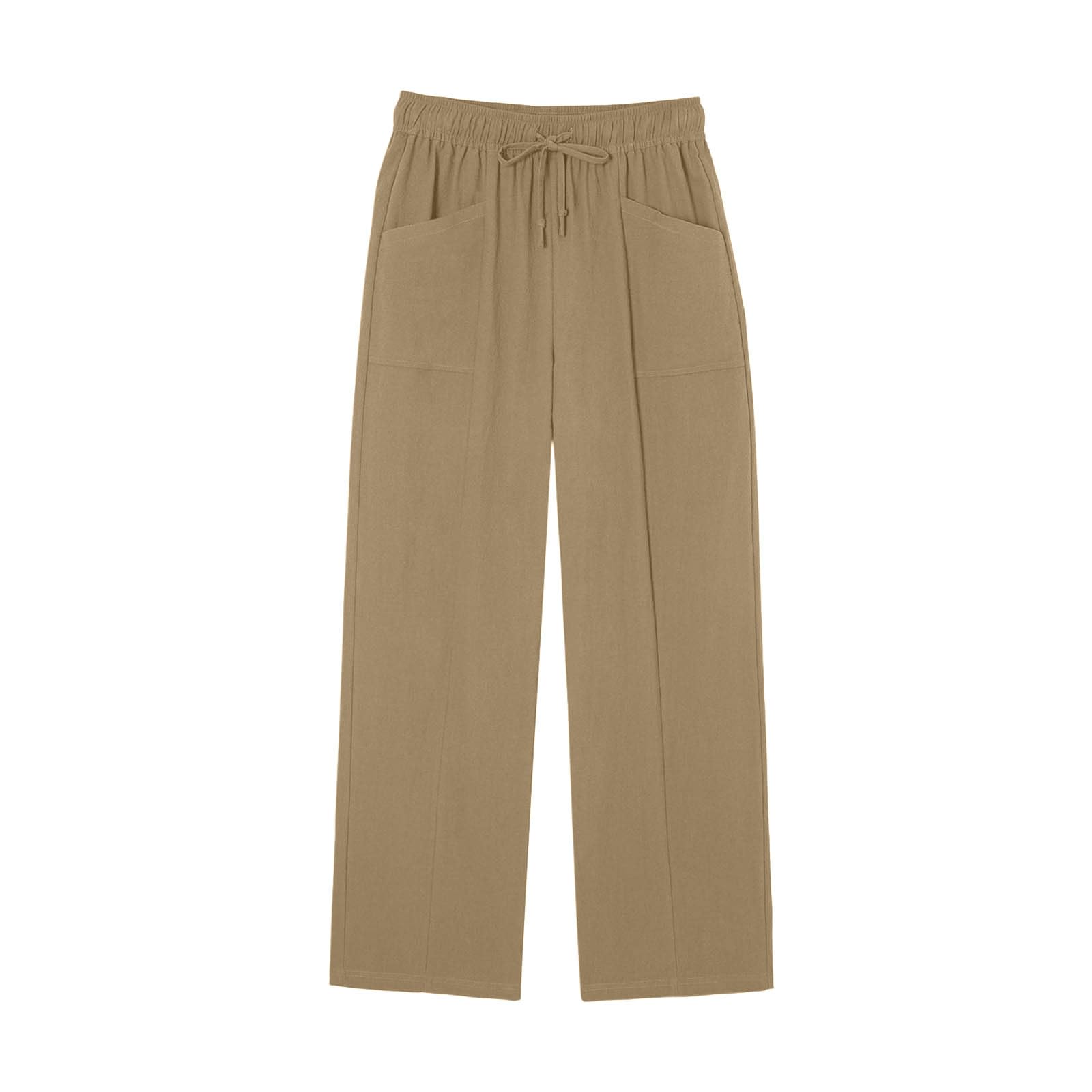 Linen Pants Women Drawstring Straight Leg Flowy Pants Baggy High Waist Lounge Trousers Cotton Summer Beach Trousers