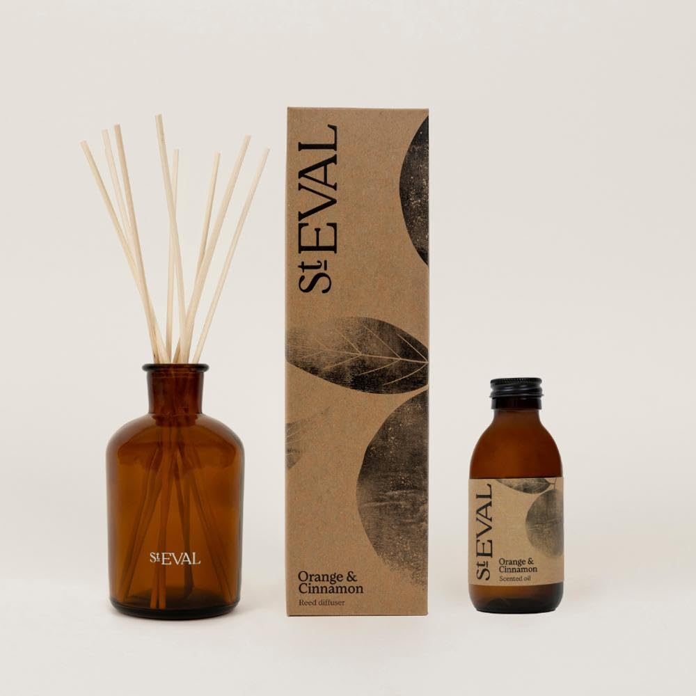 St Eval Reed Diffuser Gift Set - Diffuser, Refill and Reeds | Refreshing Aromatic Room Scent | Made in Cornwall | Scented Oil Reed Diffuser Refill | Ideal for Home and Office (Orange & Cinnamon)