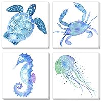 Texture of Dreams Watercolor Sea Animals Painting on Canvas Wall Art, Sea Turtle Seahorse Crab Jellyfish, Blue Ocean Theme Baby Nursery Boy Room Wall Decor, 4 Pack (10" x 10")