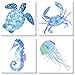 TEXTURE OF DREAMS Watercolor Sea Animals Painting on Canvas Wall Art, Sea Turtle Seahorse Crab Jellyfish, Blue Ocean Theme Baby Nursery Boy Room Wall Decor Baby Shower Gift, 4 Pack (14