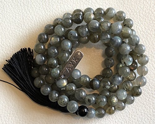 Labradorite Mala Beads 8mm High Grade Tassel mala Necklace | Fifth Chakra | Throat Chakra | Communication Self Expression Creativity in Writing Public Speaking | W/free velvet mala pouch | US Seller