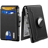 umoven AirTag Wallet for Men - with Pop Up Aluminum Case Money Clip Slim Leather Slots Credit Card Holder RFID Blocking Bifold Minimalist Wallet with Gift Box (Dark Black)