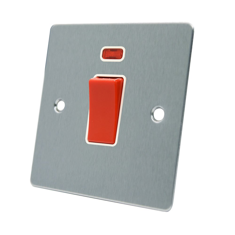 AET FSCCSWWH Satin Chrome Flat 45A White Insert-45 Amp DP Cooker Switch w/Neon Indicator 1-Gang Plate