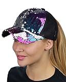 C.C Ponycap Messy Bun Ponytail Reversible Magic Sequin Adjustable Baseball Cap, Purple/Hot Pink/Turquoise/Silver