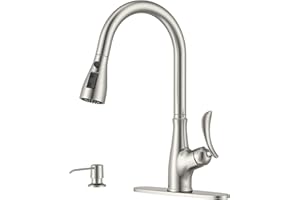 APPASO Kitchen Faucet with Soap Dispenser, Brushed Nickel Kitchen Faucet with Pull Down Sprayer, 3 Modes Faucets for Kitchen Sink, Gooseneck Kitchen Sink Faucets for 1 or 3 Holes with Deck Plate