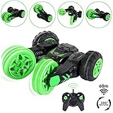 SGILE RC Remote Control Stunt Car, Birthday Gift Present Toy for Kids, Racing Vehicle Rechargeable with Bright LED Lights Stand Up and Rotate at 360 Degree, Green
