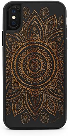 Case Yard iPhone X/XS Wooden Case Outside Soft TPU Silicone, Slim Fit Shockproof Wood Protective Phone Cover for Girls Boys Men and Women, Supports Wireless Charging Mandala Black
