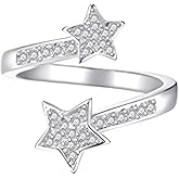 Dainty Star Wrap Open Engagement Ring For Women Sparkly Cubic Zirconia Fashion Adjustable Finger Knuckle Statement Rings CZ Expandable Silver Lucky Stars Stacking Middle Band Wedding Promise Party Jewelry Gifts