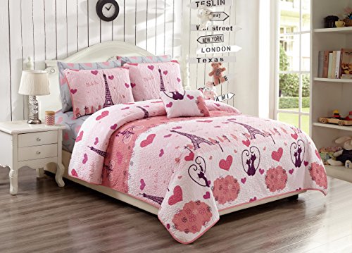 Linen Plus Hearts Pink Bedspread Set for Girls, Full\/Queen, 4pc - Cute Decor Online