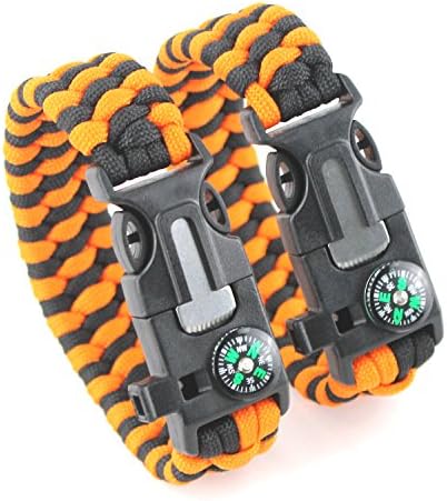 DETUCK(TM) Outdoor Paracord Bracelet Wrist Survival Bracelet Rope With Compass Flint Fire Starter Scraper Whistle (2pcs of pack) (Orange+Black )