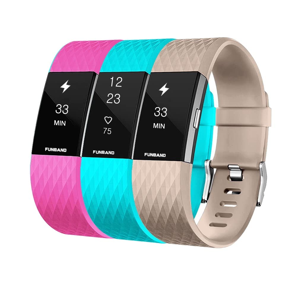 FunBand Strap Compatible with Fitbit Charge 2 Strap Bands,Classic Edition Soft Silicone Sport Adjustable Replacement Accessory Bracelet Straps Compatible with Fitbit Charge 2 (3-Pack)