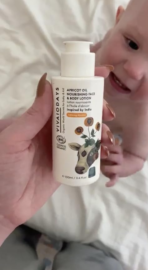 VIVAIODAYS Organic Apricot Oil Face & Body Lotion for Baby & Family, Travel-Size Moisturizer with Aloe & Olive Oil, Gentle Hydration for Sensitive Skin, 3.4 fl. oz.