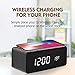 fomobest Wooden Alarm Clock with Wireless Charging for iPhone Samsung, Wood Digital LED Desk Clock for Bedroom, 3 Alarm Settings, Sound Control, Adjustable Brightness, Time Temperature (Black)