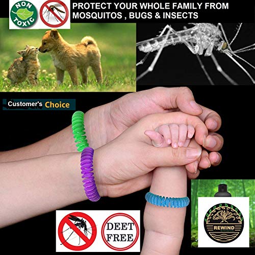 Rewind With Nature Anti Mosquito Repellent Bracelet for Kids, Adults, Pets 10 Pcs Insect Repellent Bracelet, Wrist, Ankle, 100% Natural Silicon- Non Toxic - Waterproof Safe Travel Bug Bands Bracelet