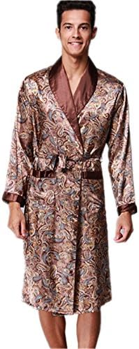 YUAKOU Men's Long Sleeve Satin Kimono Robes Dragon Phoenix Pattern Silk Nightwear Bathrobes Spa