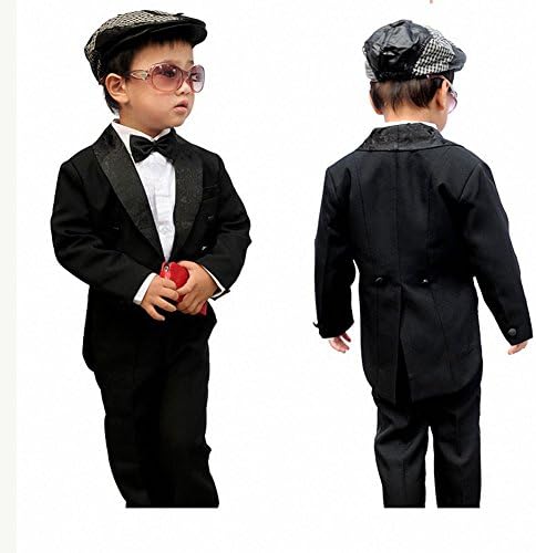 gsch Boys' 5 Pcs Set Formal Classic Tuxedo Suit with Tail Black Jacket Shirt Vest Pants and Bowtie