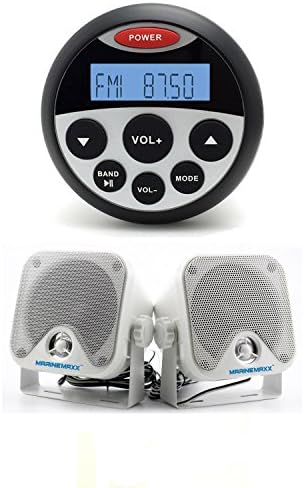 MarineMaxx Marine Bluetooth Digital Media Receiver MP3/USB Player FM AM AUX Input Gauge/Round/Circle , 1 pair of 4 inch waterproof marine Box speaker System (White)