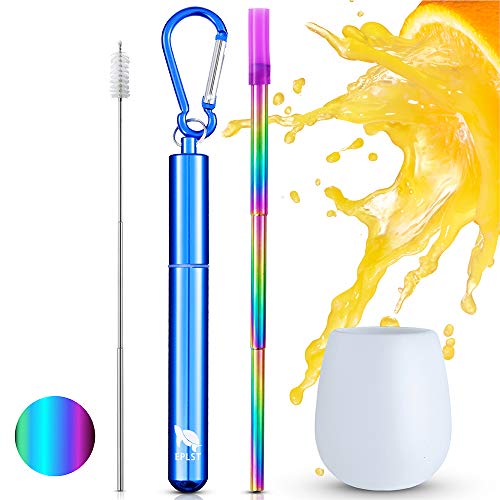 EPLST Collapsible Straw Reusable Metal Straws Stainless Steel Drinking Telescopic Straw Easy Clean Portable (Free Wine Cup) Aluminum Case Cleaning Brush Keychain Silicone Tip for 12 20 30oz Cup Blue