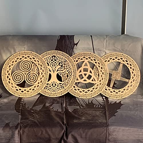 Celtic Symbol Wall Decor 12” Wooden Sacred Geometry 4Pcs Set Tree of