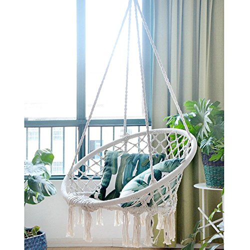 E EVERKING Hammock Chair Macrame Swing, Hanging Cotton Rope Macrame Hammock Swing Chair for Indoor, Outdoor Home, Patio, Porch, Deck, Yard, Garden, Max Weight: 260 Pounds (White) - Thumbnail 3