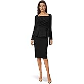 Richlylian Women's Ruched Bow Knot Work Dress, Long Sleeve Square Neck Pleated Bodycon Church Pencil Office Midi Dresses