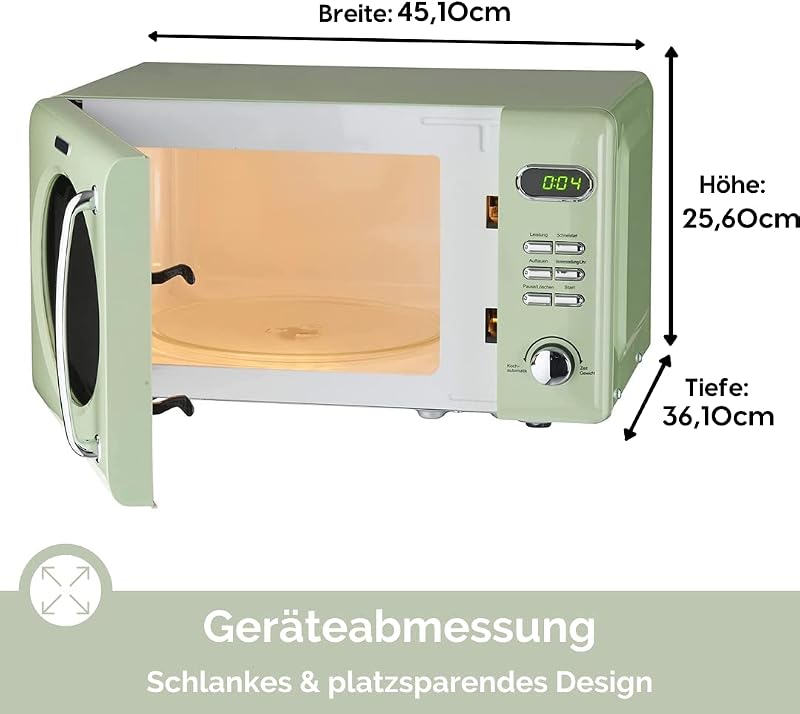 Retro Stand Mikrowelle WMW720 I 700W Mikrowellenleistung I 20L Garraum I5 Leistungsstufen I 8 Garprogramme IAuftaufunktion I Metall-Gehäuse I Drehteller (24,5cm) I LED-Display (Green) — Foto 6 von 6