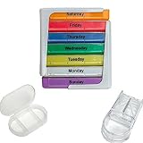 Stackable Weekly Pill Organizer Box with Pill Holder and Splitter - 7 Day 4 Compartment Organizer for Medications 2, 3 or 4 Times a Day - Check Pictures for Size of Compartments