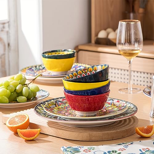 Henten Home Zuppiera Set of 6 Colored Ceramic Bowls - 360ml, Muesli Dessert Bowl | Salad | Soup | Corn Flakes | Breakfast, Boho Dinner Service - Multicolor