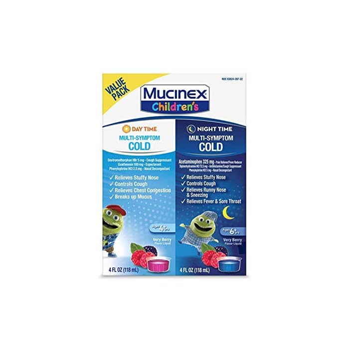 Cold & Cough, Mucinex Children's Multi-Symptom Day/Night Liquid, Very Berry, 4 Fl Oz (Pack of 2)
