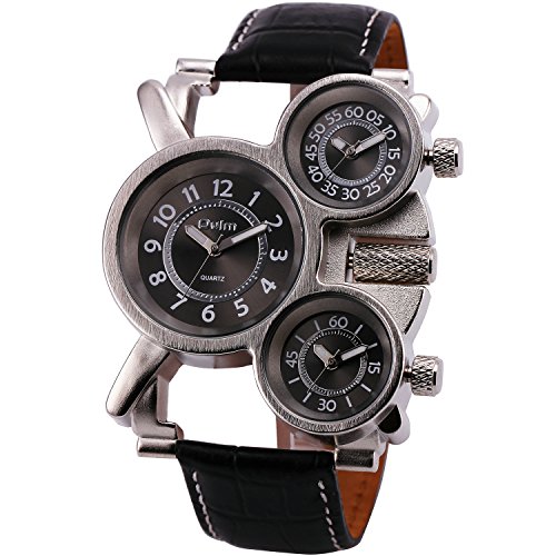 OULM Men's Pilot Alien Design Casual Outdoor Military Vogue Quartz Wristwatch Quality Leather Strap 3 Time Zones Display + Box