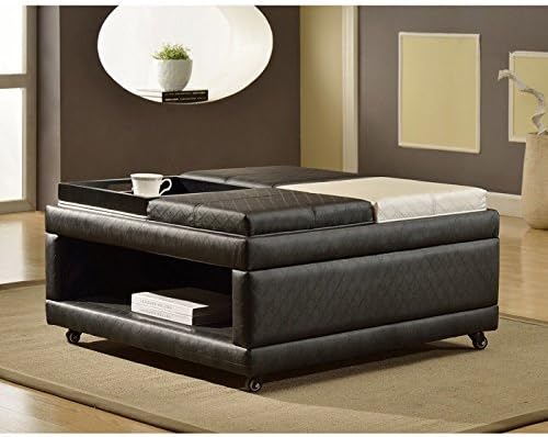 Open Shelf Ottoman with 4 Flip Top Trays, Black and White