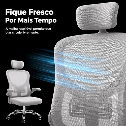 Laruno Cadeira de Escritório Ergonômica Premium NR17 Cinza Giratória Reclinável 145 Graus com Suporte Lombar Encosto Mesh Respirável Cadeira Gamer com Regulagem de Altura e Rodinhas Suporta até 120kg