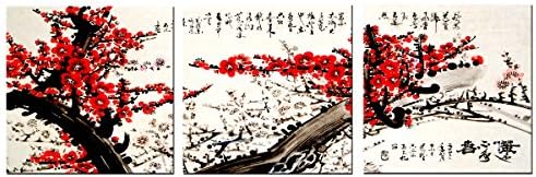 SimonFine 3 Panels Plum Tree Blossom Modern Giclee Canvas Artwork Contemporary Abstract Floral Paintings Artwork Modern Canvas Art for Wall and Home Décor (16x16inx3pcs,Image canvas only)
