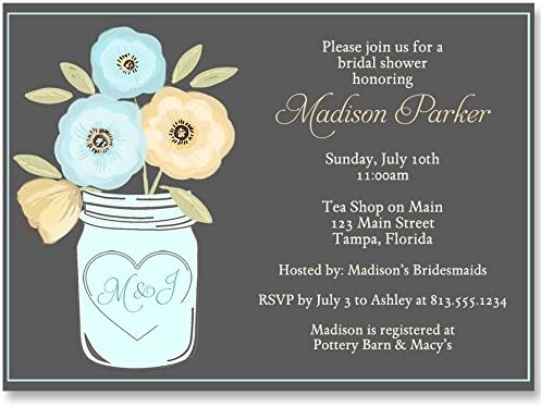Mason Jar Bridal Shower Invitations, Watercolor Flowers, Gray, Yellow, Aqua, Blue, Personalized, Customized, Wedding Shower, Set of 10 Printed Invites with Envelopes, Gray and Yellow