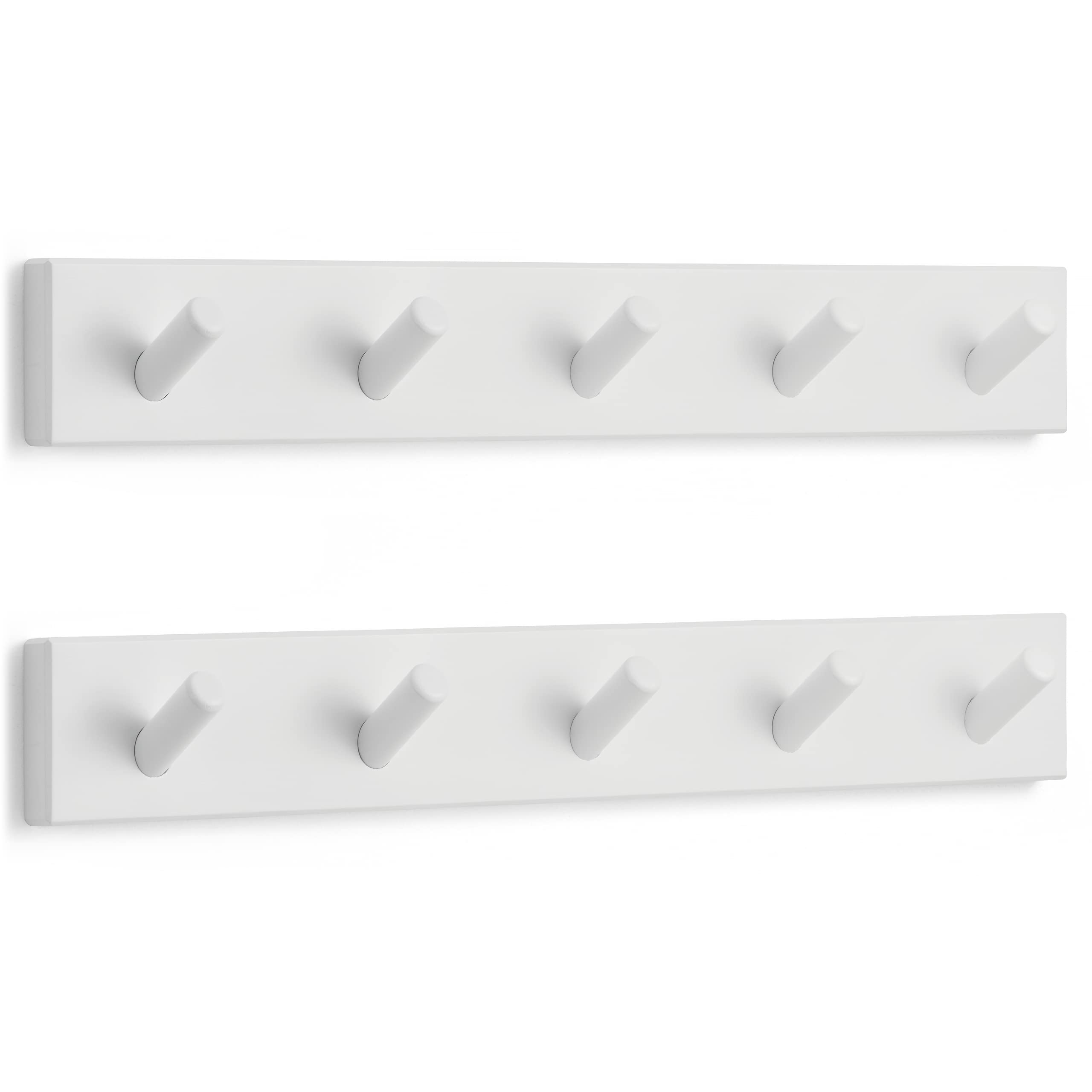 LARHN White Coat Hooks Wall Mounted Coat Rack with 5 Wall Hooks (2-Pack), 43 cm - All Fixings Included for Quick & Easy Installation