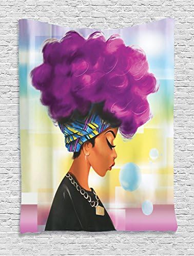 Traditional African Black Women With Purple Hair Hairstyle Watercolor Print Polyester-Tapestry Wall Hanging -ZBLX Tapestry Wall Art For a Home Decorations-Light-weight Polyester Fabric. (51.2“X59.1”)
