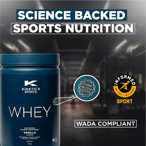 Kinetica Sports Whey Protein Powder - Vanilla, 1Kg, 33 Servings | 23g Protein, 5.5g BCAA Amino Acid & 4.32g Glutamine | Recovery Shake for Optimum Nutrition | WADA & Informed Sport Approved