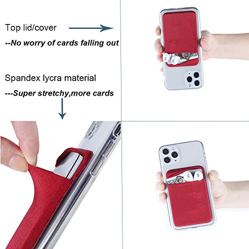 3Pack Cell Phone Card Holder[Double Secure with Pocket for ID/Credit Cards] for Back of Phone,Stick On Card Wallet Sticker Stretchy Lycra Fabric for iPhone,Android and Smartphones-Wine Red&Red&Black - Thumbnail 2
